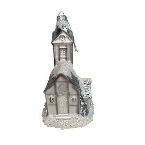 Silver Church Christmas Blown Glass Ornament With Glitter Snow Accents